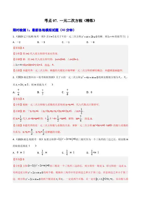 考点07 一元二次方程(精练)(解析版)