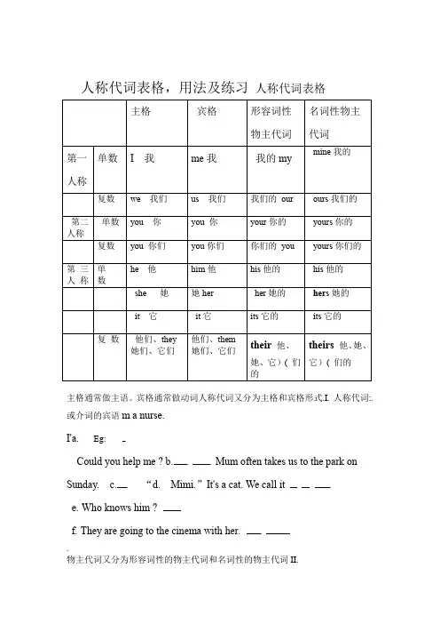 完整word版人称代词表格