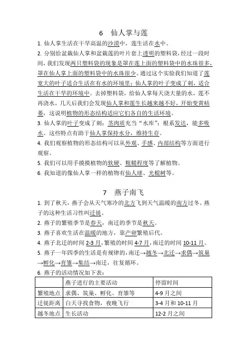 冀人版三年级科学下册知识点6-9课