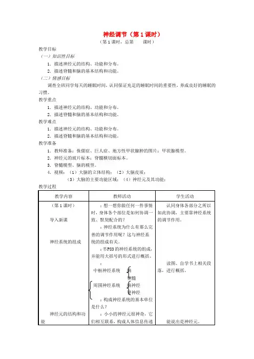 苏教版-生物-七年级下册-12.2人体的神经调节(第1课时)教案