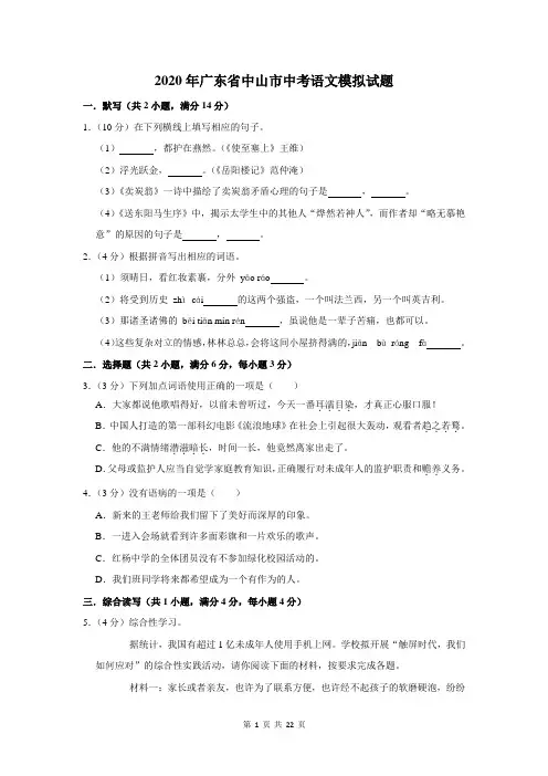 2020年广东省中山市中考语文模拟试题及答案解析