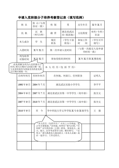 《入党积极分子考察登记表》(填写范例)