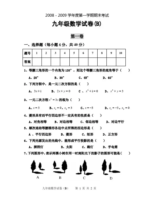 2008-2009学年度第一学期期末考试九年级数学试卷(B1)