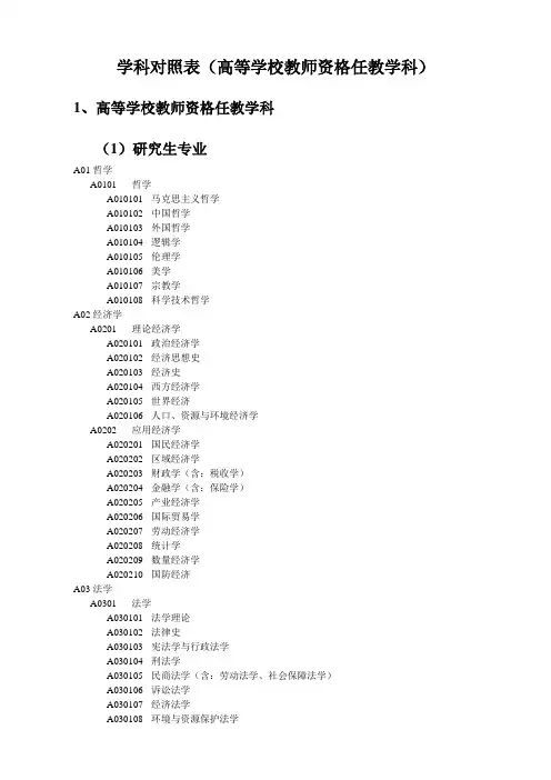 学科对照表(高等学校教师资格任教学科)