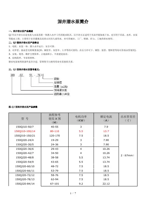 深井潜水泵简介及型号规格表