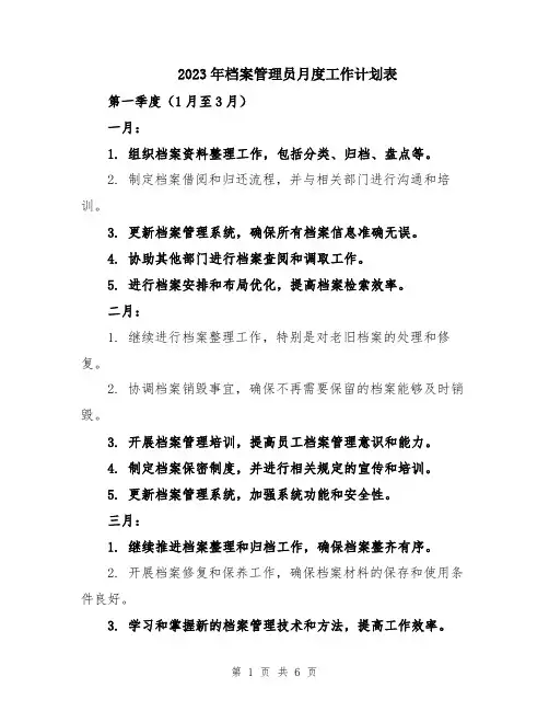 2023年档案管理员月度工作计划表