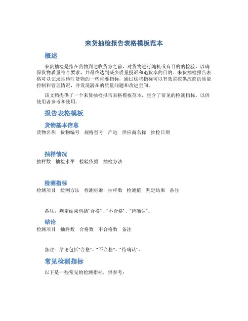 来货抽检报告表格模板范本