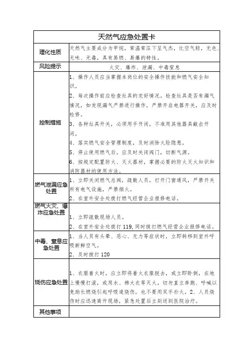天然气应急处置卡