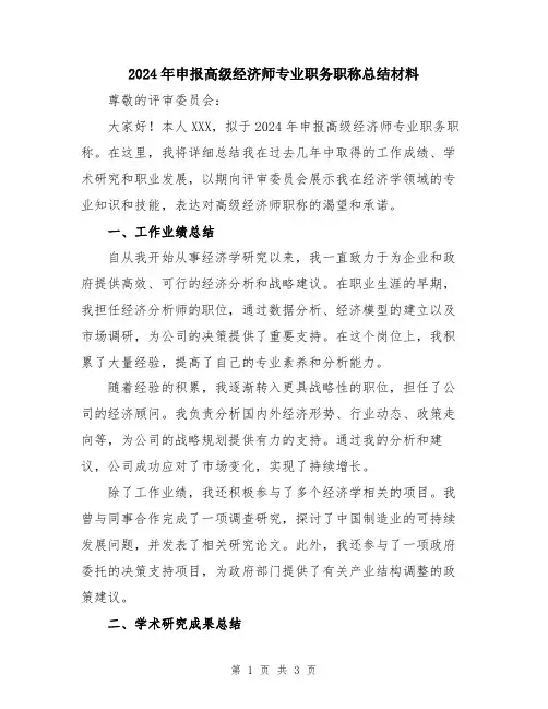 2024年申报高级经济师专业职务职称总结材料