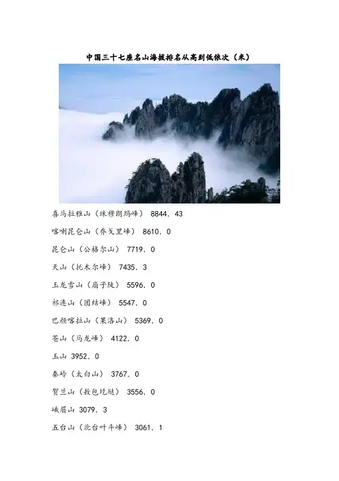 中国三十七座名山海拔排名从高到低依次(米)