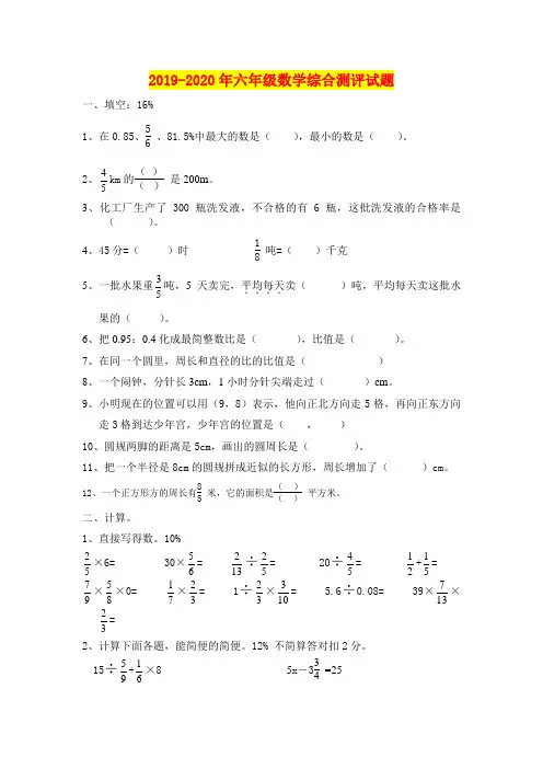 2019-2020年六年级数学综合测评试题