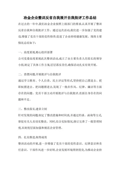 冶金企业整训反省自我展开自我批评工作总结