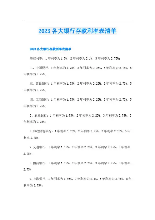 2023各大银行存款利率表清单