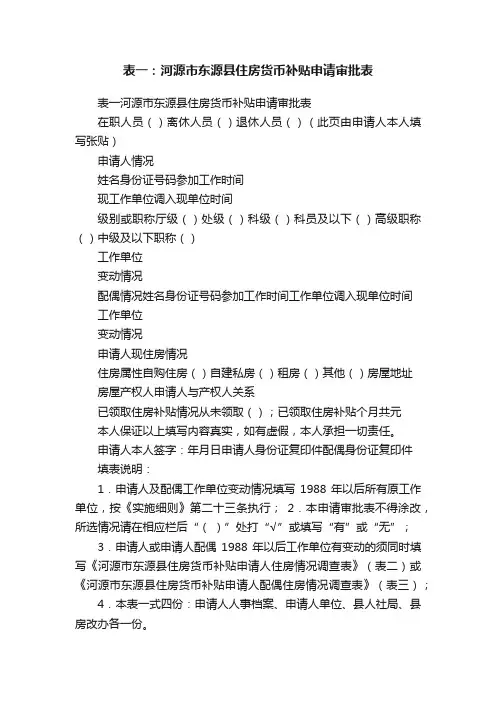表一：河源市东源县住房货币补贴申请审批表