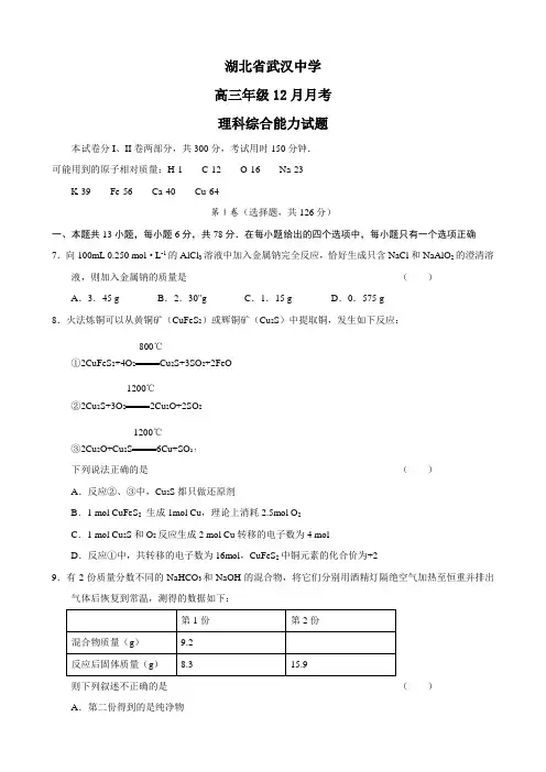湖北省武汉中学高三12月月考(理综化学).doc