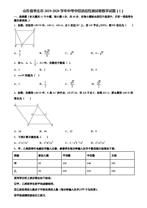 山东省枣庄市2019-2020学年中考中招适应性测试卷数学试题(1)含解析