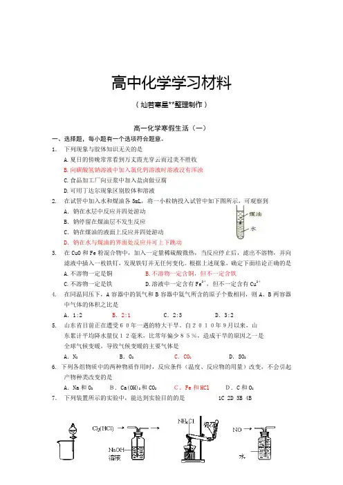 人教版必修一高中化学高一寒假作业化学(一)Word版含答案.docx