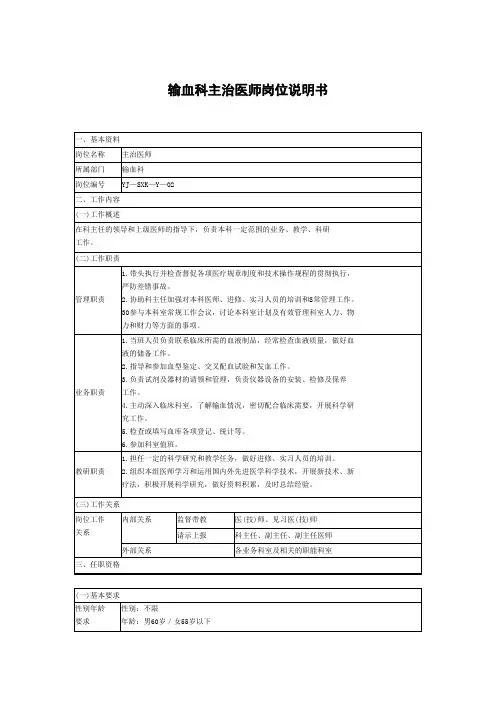 输血科主治医师岗位说明书