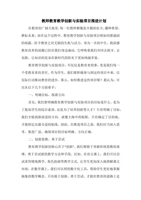 教师教育教学创新与实验项目推进计划