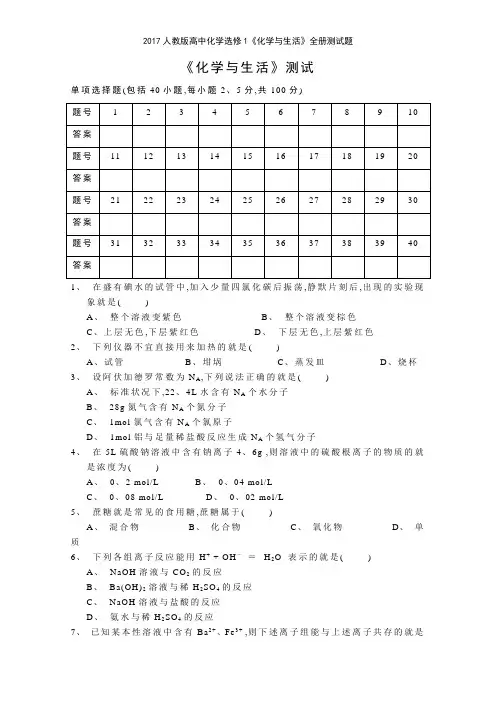 2017人教版高中化学选修1《化学与生活》全册测试题