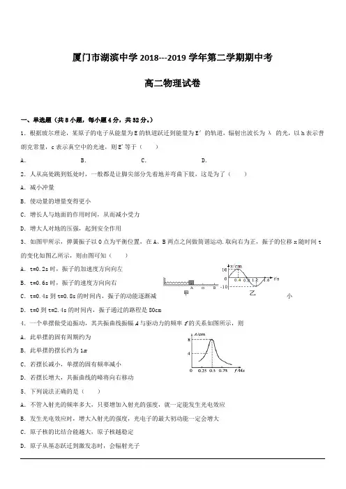 福建省厦门市湖滨中学2018-2019学年高二下学期期中考试物理试题附答案