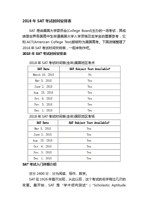 2018年SAT考试时间安排表