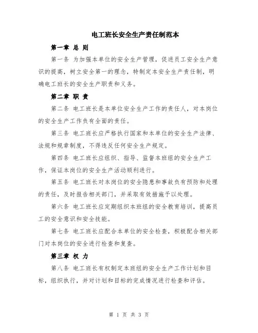 电工班长安全生产责任制范本