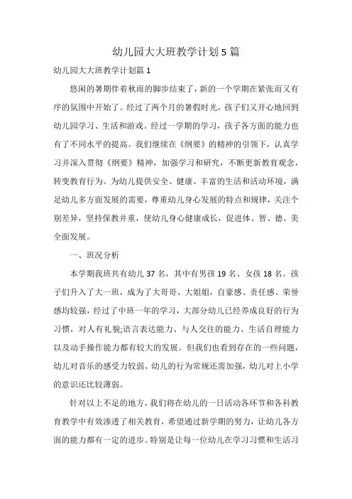 幼儿园大大班教学计划5篇