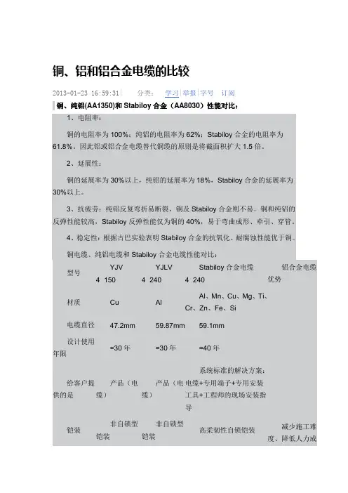 铜、铝和铝合金电缆的比较