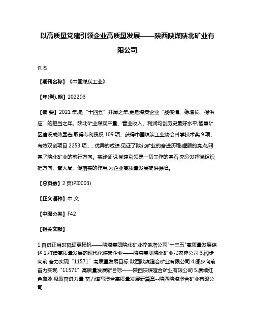 以高质量党建引领企业高质量发展——陕西陕煤陕北矿业有限公司