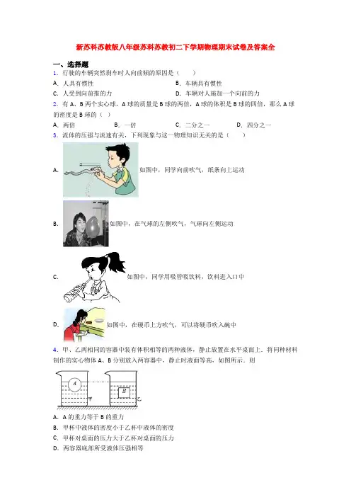 新苏科苏教版八年级苏科苏教初二下学期物理期末试卷及答案全
