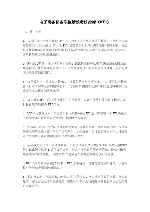 电子商务部各职位绩效考核指标(KPI)
