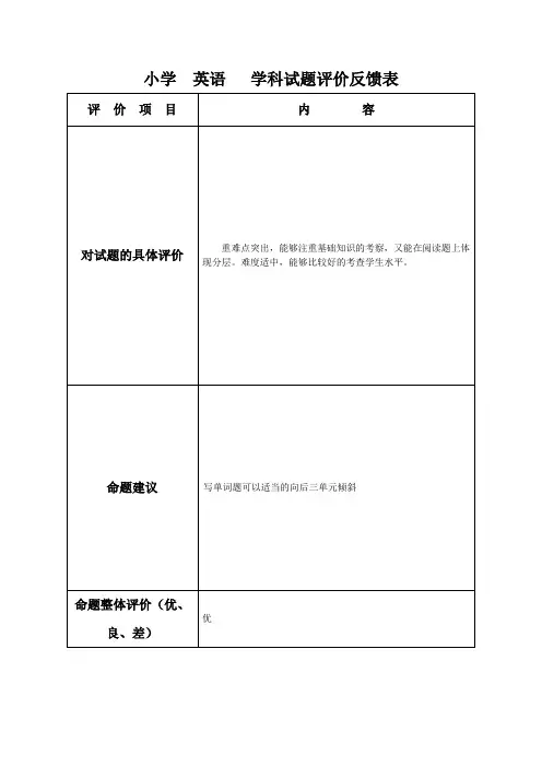 英语质量评价反馈及试卷分析表