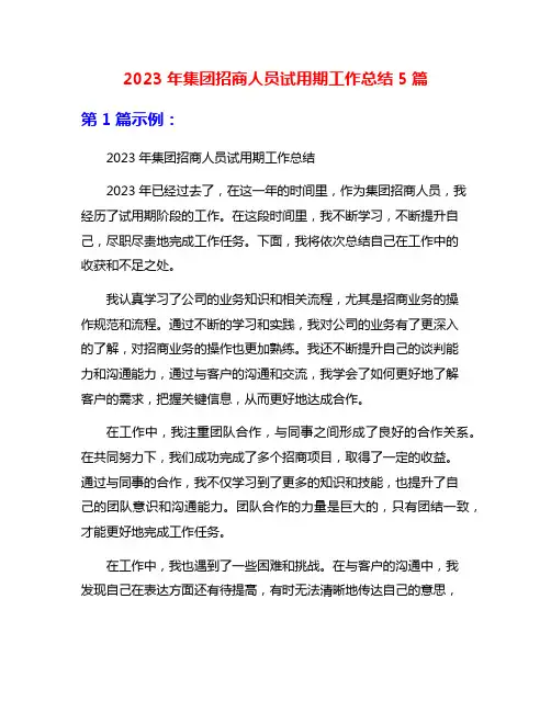 2023年集团招商人员试用期工作总结5篇