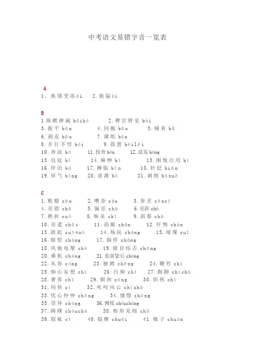 中考语文易错字音一览表