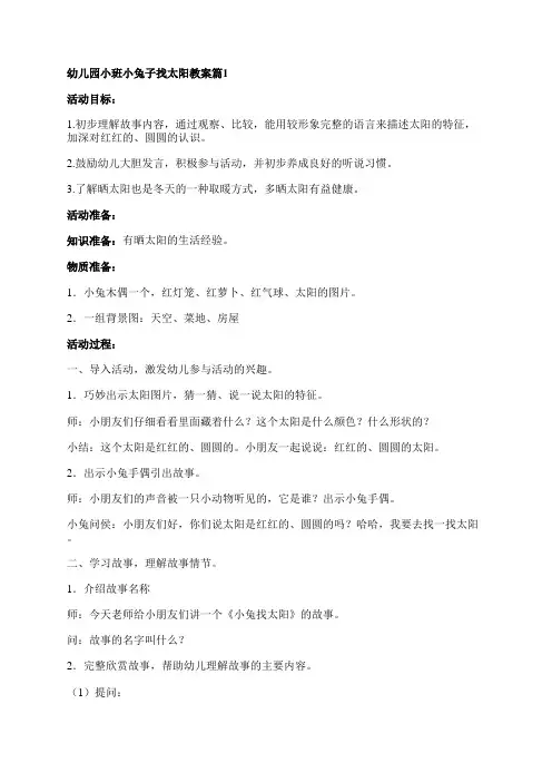 幼儿园小班小兔子找太阳教案5篇