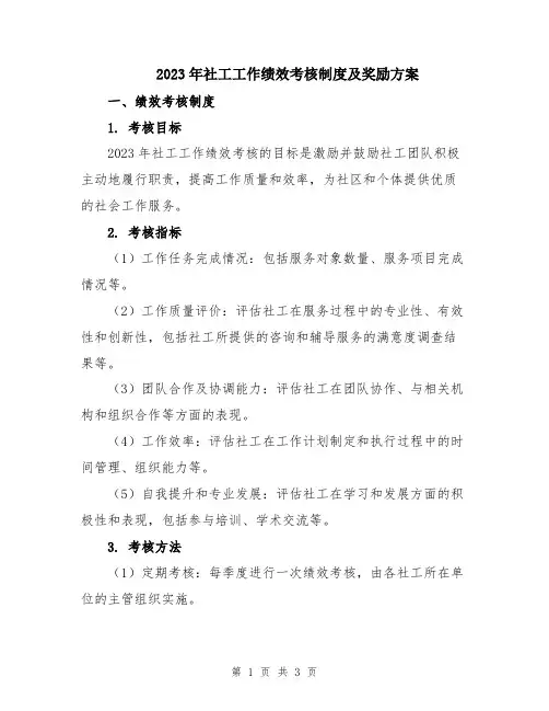 2023年社工工作绩效考核制度及奖励方案