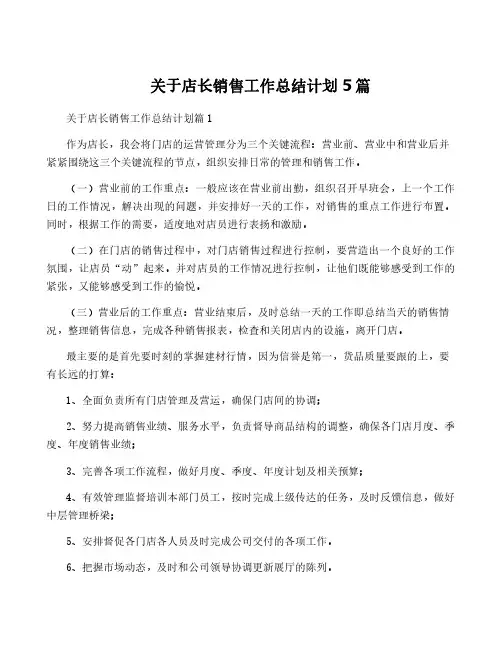 关于店长销售工作计划5篇