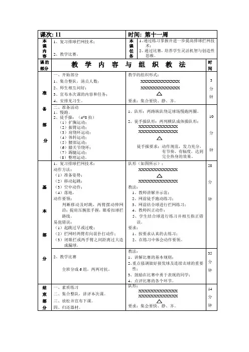 排球选修课复习排球拦网技术第11次课教案
