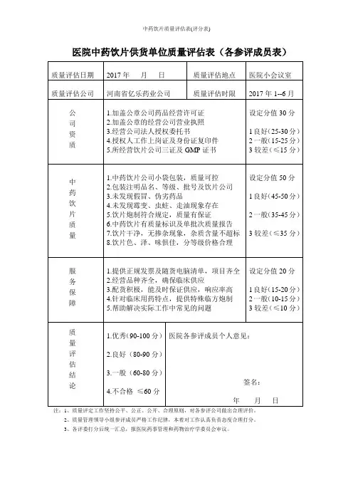 中药饮片质量评估表(评分表)