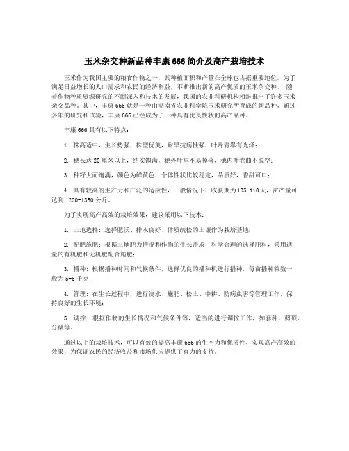 玉米杂交种新品种丰康666简介及高产栽培技术