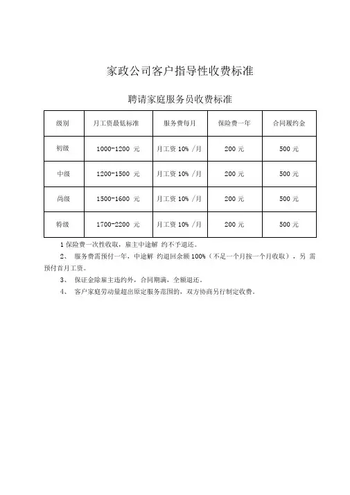 家政公司全套收费标准
