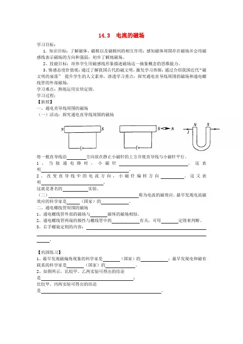 九年级物理全册 14.3电流的磁场学案 (新版)北师大版