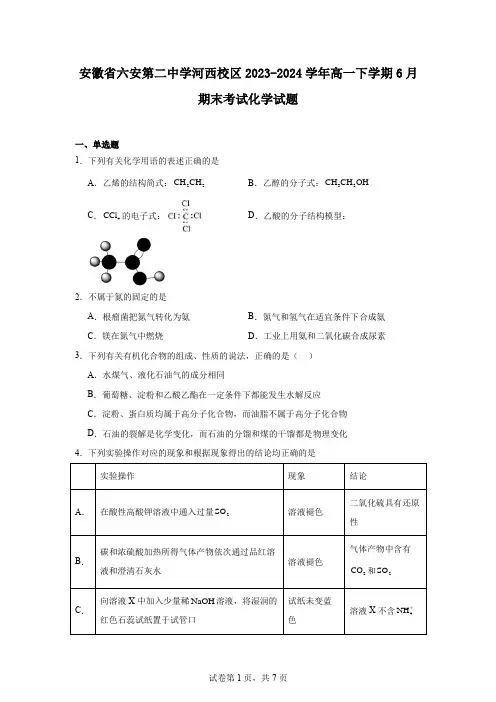 安徽省六安第二中学河西校区2023-2024学年高一下学期6月期末考试化学试题