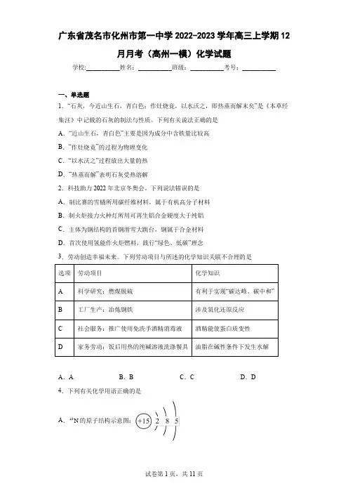 广东省茂名市化州市第一中学2022-2023学年高三上学期12月月考(高州一模)化学试题