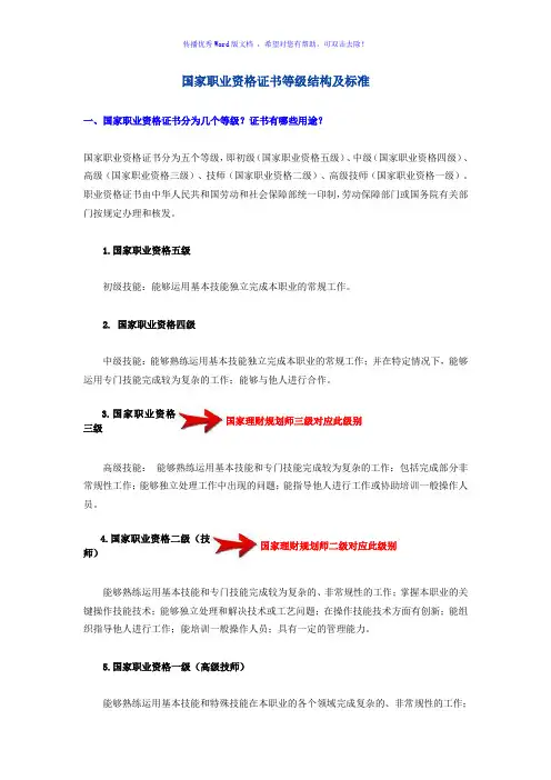 国家职业资格证书等级结构及标准Word版