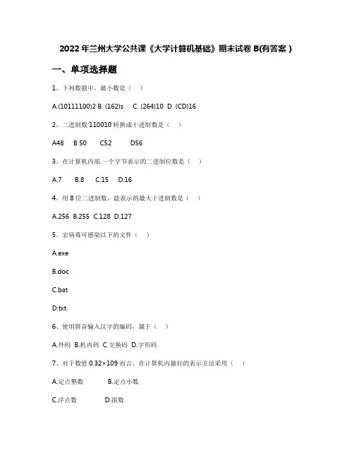 2022年兰州大学公共课《大学计算机基础》期末试卷B(有答案)