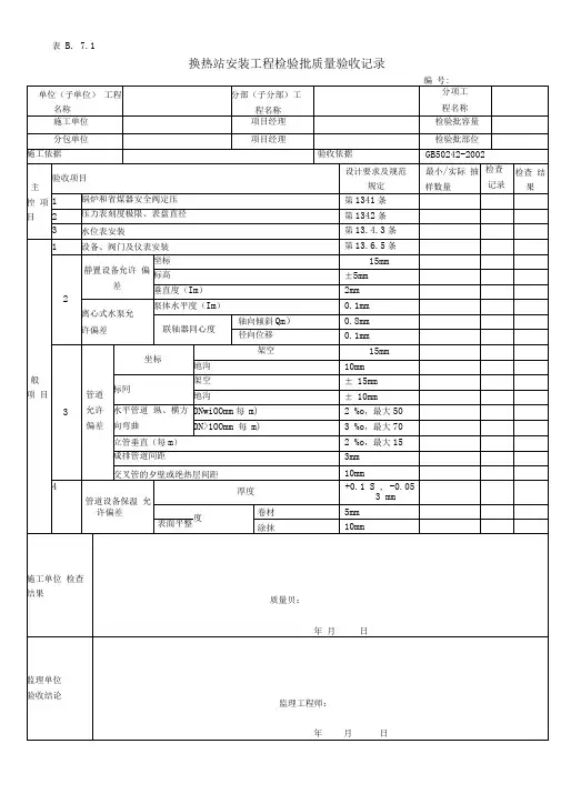 换热站安装工程检验批质量验收记录