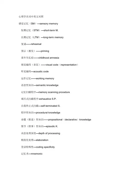 心理学名词中英文对照