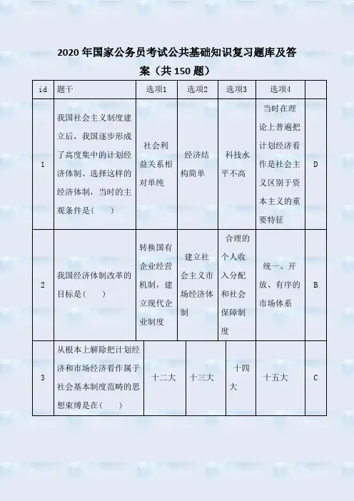 2020年国家公务员考试公共基础知识复习题库及答案(共150题)